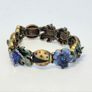 ART DECO Flowers Butterflies Ladybugs Blue Crystals Brass Tone Enameled Bracelet